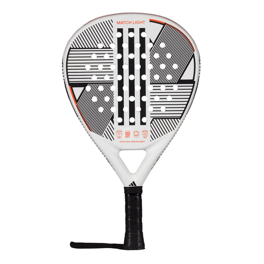 The adidas Match Light 3.3 Padel Racket - White is designed with a white body and a black handle, featuring an artistic pattern of black and orange lines and dots. It is perfectly suited for beginner players due to its lightweight build and perforated surface that enhances aerodynamics.