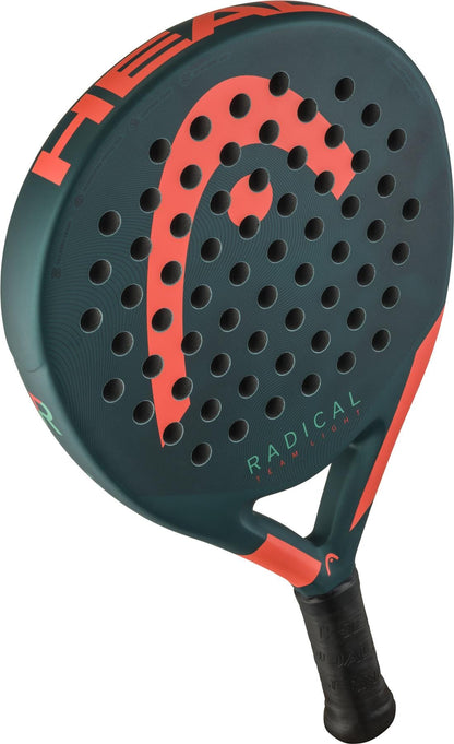 The HEAD Radical Team Light 2026 Padel Racket in green and orange features "HEAD" and "RADICAL" branding with a bold orange logo on the front, combining lightweight design with striking style.