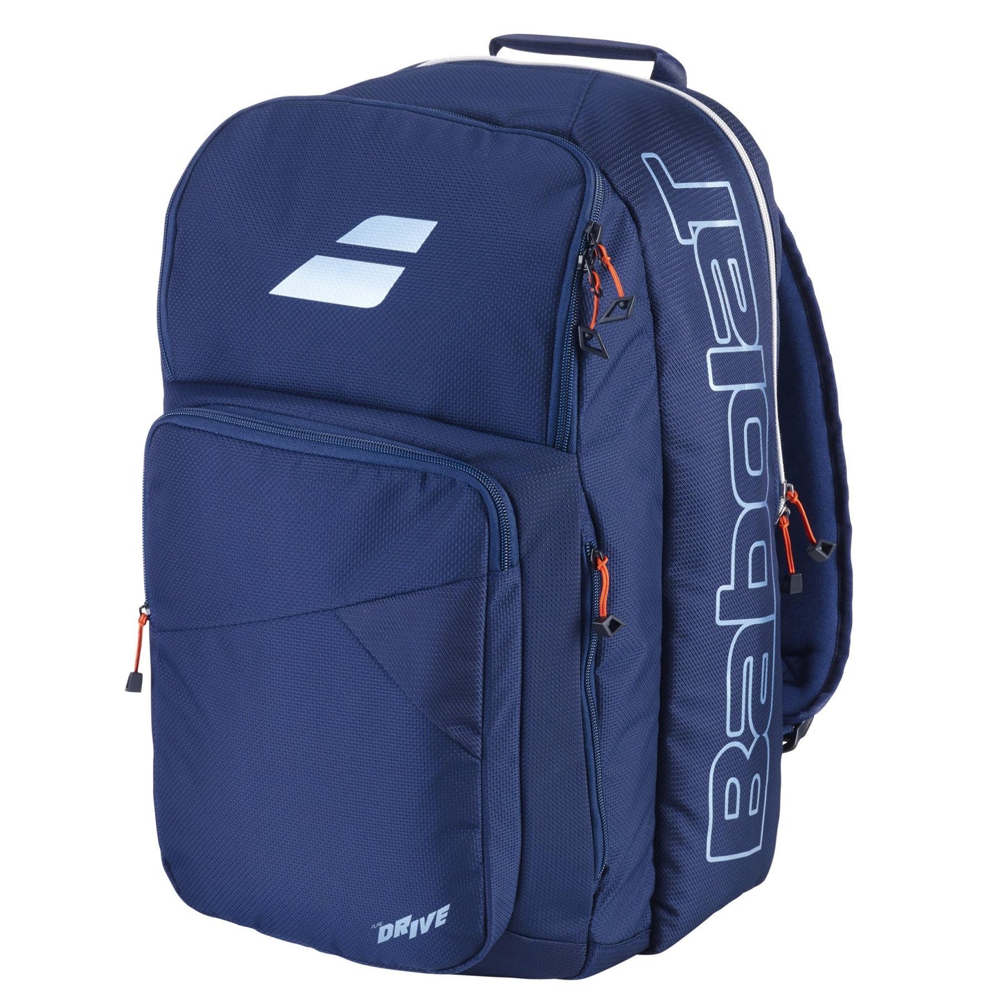 The Babolat Pure Drive Padel Backpack in blue showcases the brand logo and "Drive" text. Made from recycled materials, it features multiple compartments and vibrant orange zipper pulls, ideal for stylishly carrying your gear.