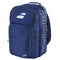 The Babolat Pure Drive Padel Backpack in blue showcases the brand logo and "Drive" text. Made from recycled materials, it features multiple compartments and vibrant orange zipper pulls, ideal for stylishly carrying your gear.