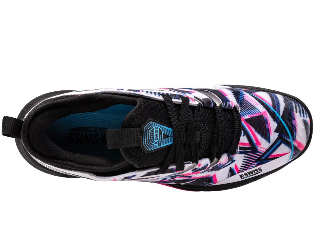 Top view of the vibrant K-Swiss Speedtrac Padel Shoe showcasing its geometric pattern in neon pink, blue, and purple. The shoe is equipped with an Ortholite insole for enhanced comfort and features a black tongue with matching laces. Its unique design is finished with a striking white and black sole.