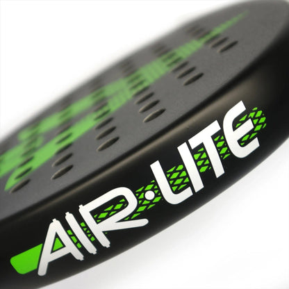 Close-up of the Karakal Air Lite 345 Green Padel Racket by Karakal, a lightweight black racket with green accents and small holes. "AIR-LITE" appears in bold white and green on the side of this high-performance padel racket.