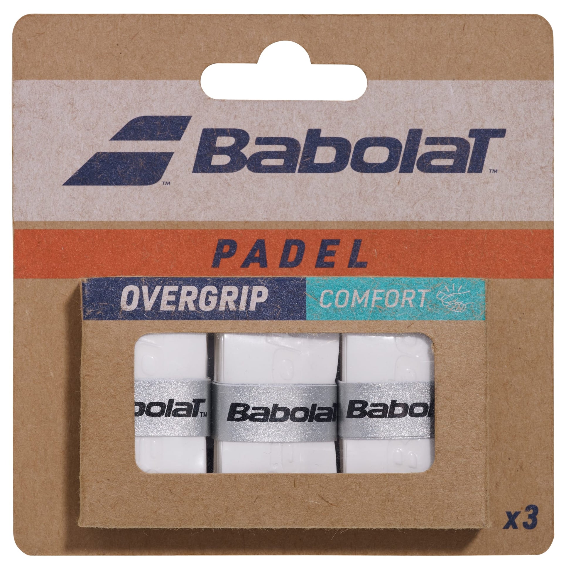 A cardboard package of Babolat Comfort Padel Overgrip X3 - White, featuring three white overgrips engineered for superior sweat absorption, with the Babolat branding displayed on both the packaging and each grip.