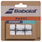 A cardboard package of Babolat Comfort Padel Overgrip X3 - White, featuring three white overgrips engineered for superior sweat absorption, with the Babolat branding displayed on both the packaging and each grip.