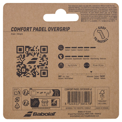 Packaging for the Babolat Comfort Padel Overgrip X3 - White features the Babolat brand and showcases icons, a QR code, a barcode, and highlights key attributes like superior sweat absorption, comfort, and tackiness. The package also provides installation instructions and manufacturer information in English, French, and Spanish—ideal for anyone looking for a premium padel overgrip.
