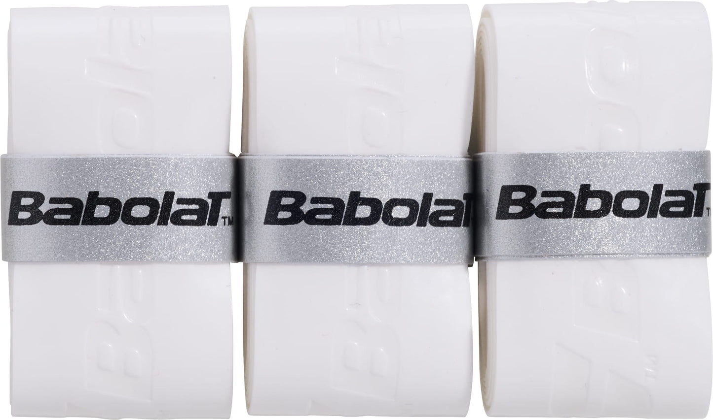 A set of three white Babolat Comfort Padel Overgrip X3, each rolled and secured with a silver band featuring the Babolat logo in black, these overgrips are designed by Babolat for excellent sweat absorption to keep your grip dry during play.