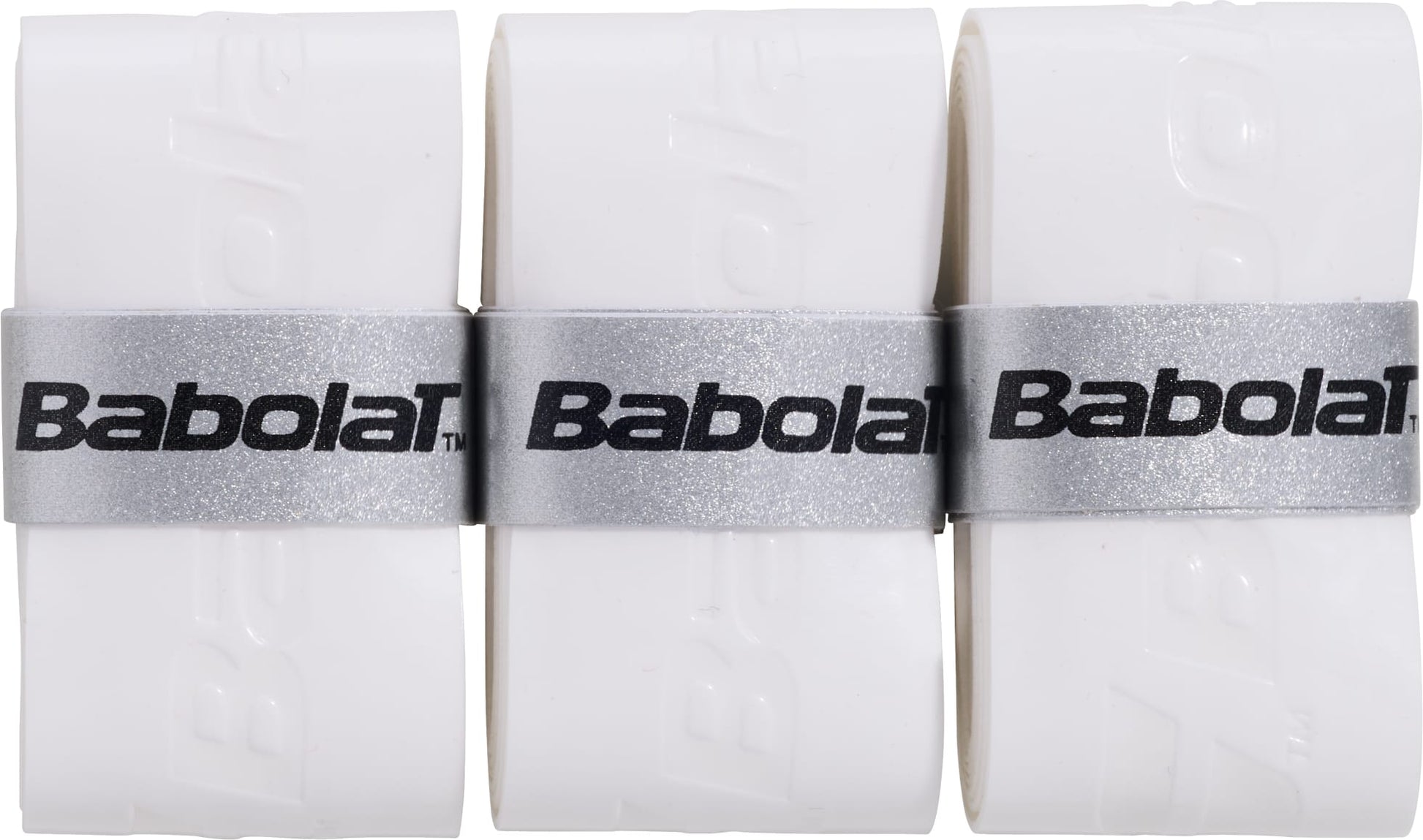 A set of three white Babolat Comfort Padel Overgrip X3, each rolled and secured with a silver band featuring the Babolat logo in black, these overgrips are designed by Babolat for excellent sweat absorption to keep your grip dry during play.