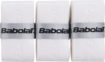 A set of three white Babolat Comfort Padel Overgrip X3, each rolled and secured with a silver band featuring the Babolat logo in black, these overgrips are designed by Babolat for excellent sweat absorption to keep your grip dry during play.