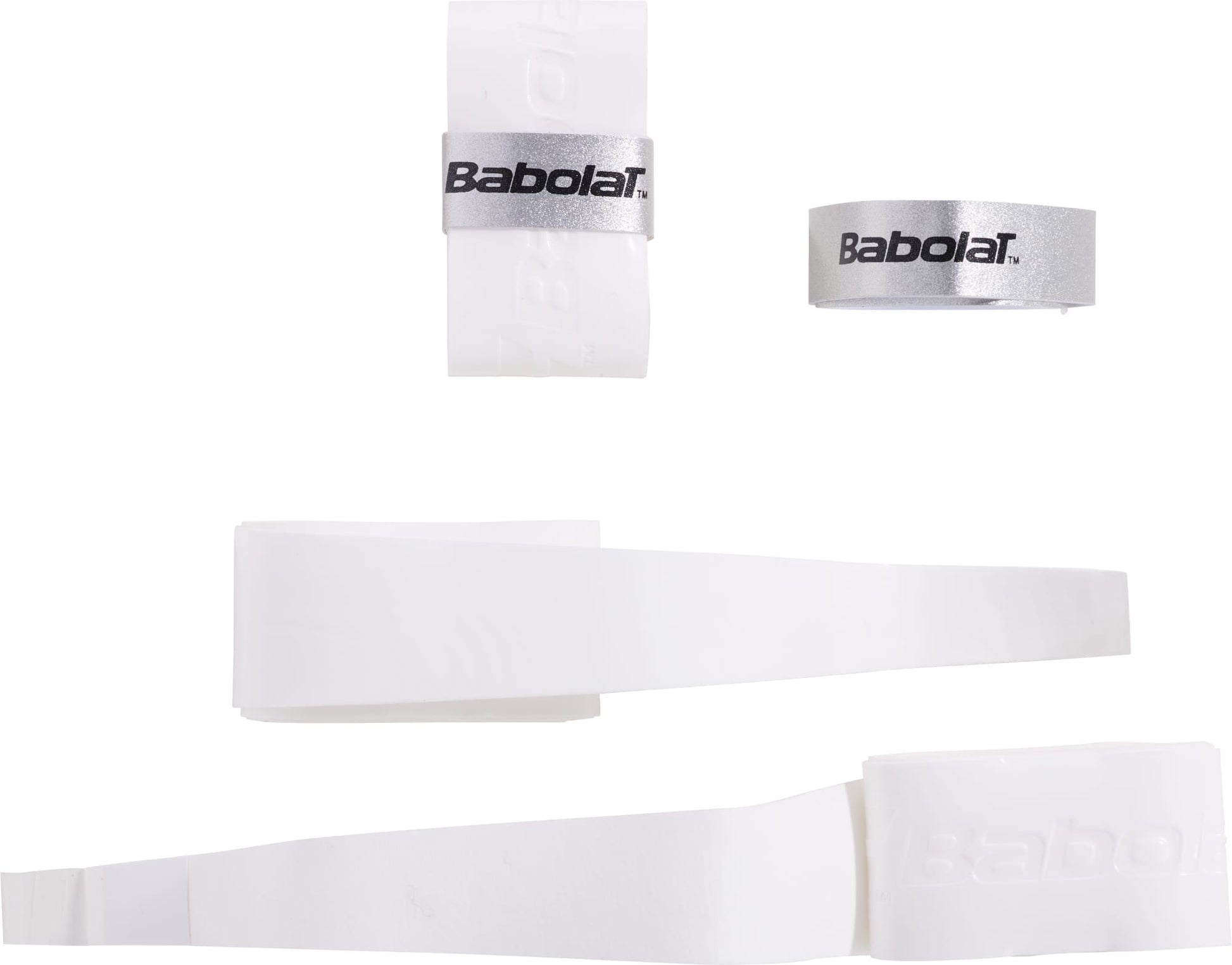Three rolled white Babolat Comfort Padel Overgrip X3 overgrips, along with two strips—one partially unrolled—and Babolat-branded finishing tape, all set against a white background; perfect for improved sweat absorption during tennis or padel play.