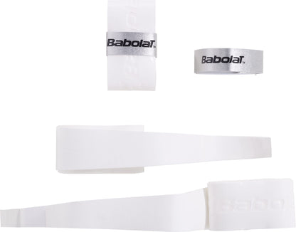 Three rolled white Babolat Comfort Padel Overgrip X3 overgrips, along with two strips—one partially unrolled—and Babolat-branded finishing tape, all set against a white background; perfect for improved sweat absorption during tennis or padel play.