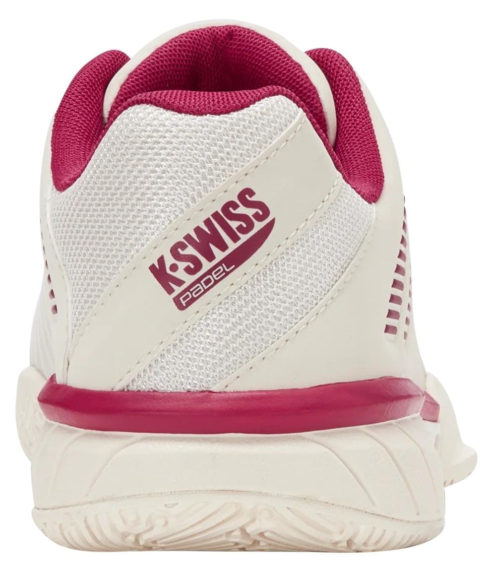 The K-Swiss Express Light 3 Women’s Padel Shoes in Jet Stream/Beaujois/Jazzy offer stylish lightweight comfort and feature the "K-SWISS PADEL" branding on the heel—perfect for players seeking performance and style.