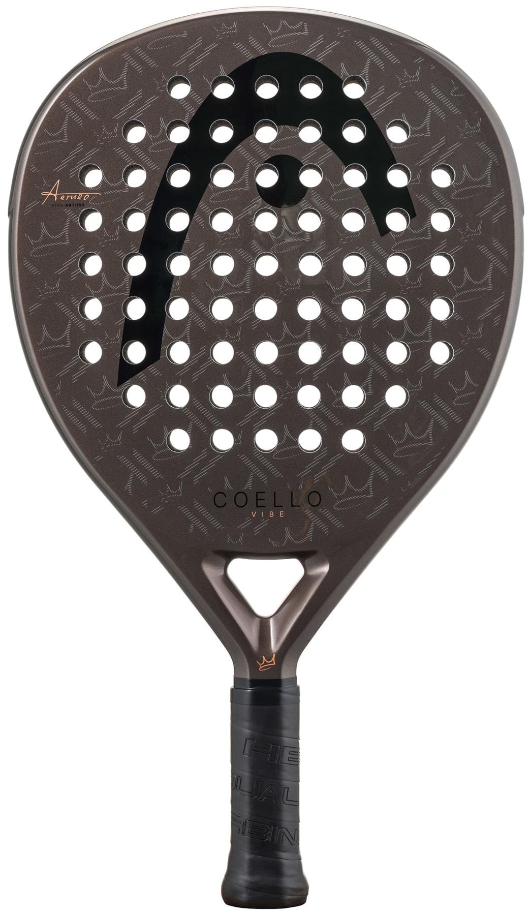 The HEAD Coello Vibe 2026 Padel Racket is a brown beginner-friendly fibreglass racket, featuring circular holes, a large black logo near the top, and "COELLO" and "HEAD" printed on the face and handle.