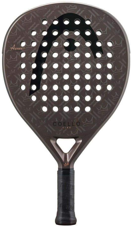 The HEAD Coello Vibe 2026 Padel Racket is a brown beginner-friendly fibreglass racket, featuring circular holes, a large black logo near the top, and "COELLO" and "HEAD" printed on the face and handle.