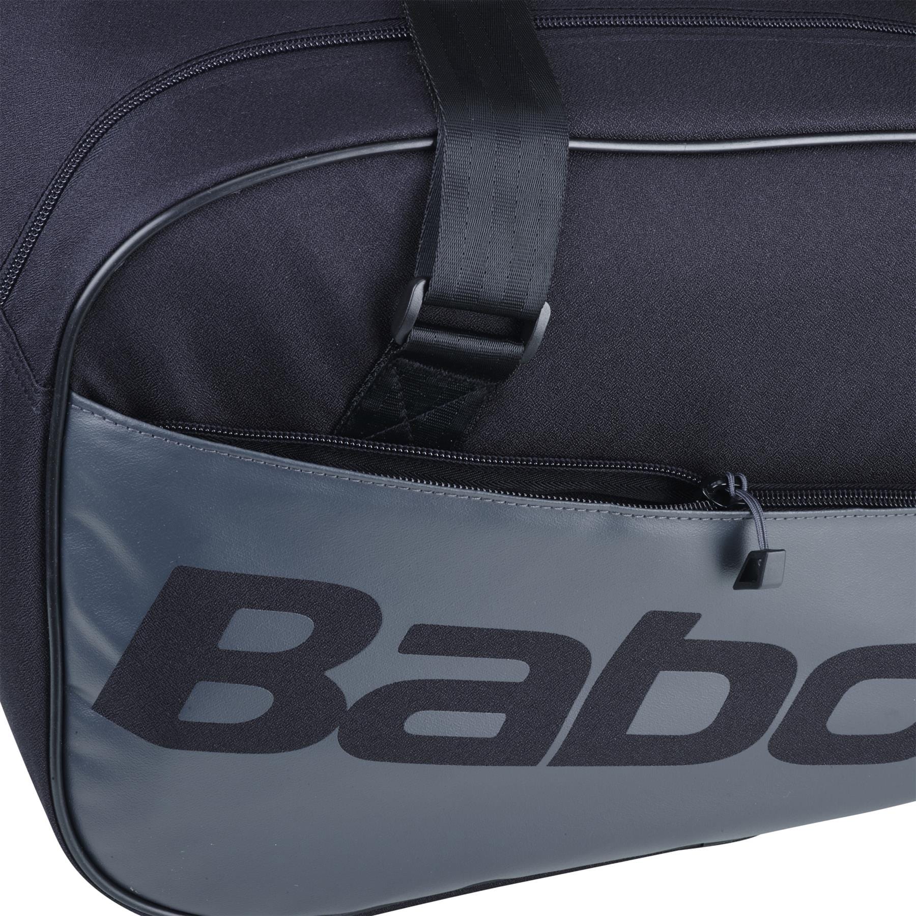 Close-up of the Babolat Court S Padel Racket Bag - Black, featuring a zippered pocket and a large "Babolat" logo on the front flap—perfect for carrying your essential padel equipment.