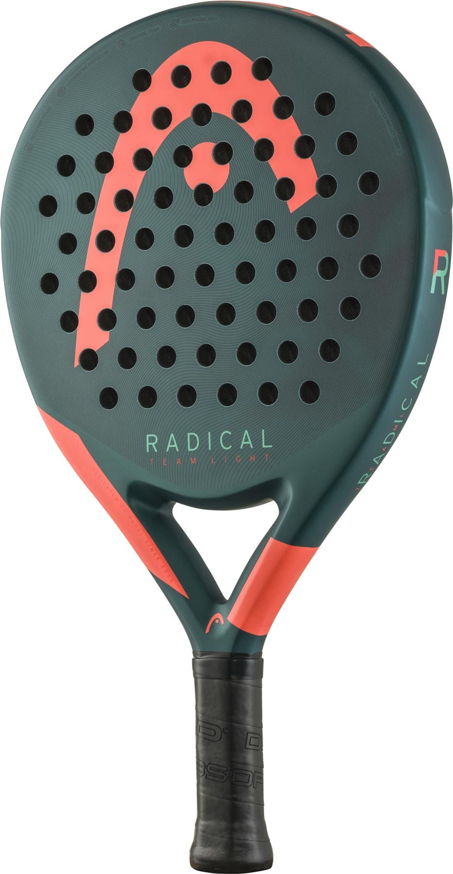 The HEAD Radical Team Light 2026 Padel Racket in green and orange features a bold, modern design with "RADICAL" and round holes on the face, a black handle, and the HEAD logo. This lightweight racket combines style and performance.