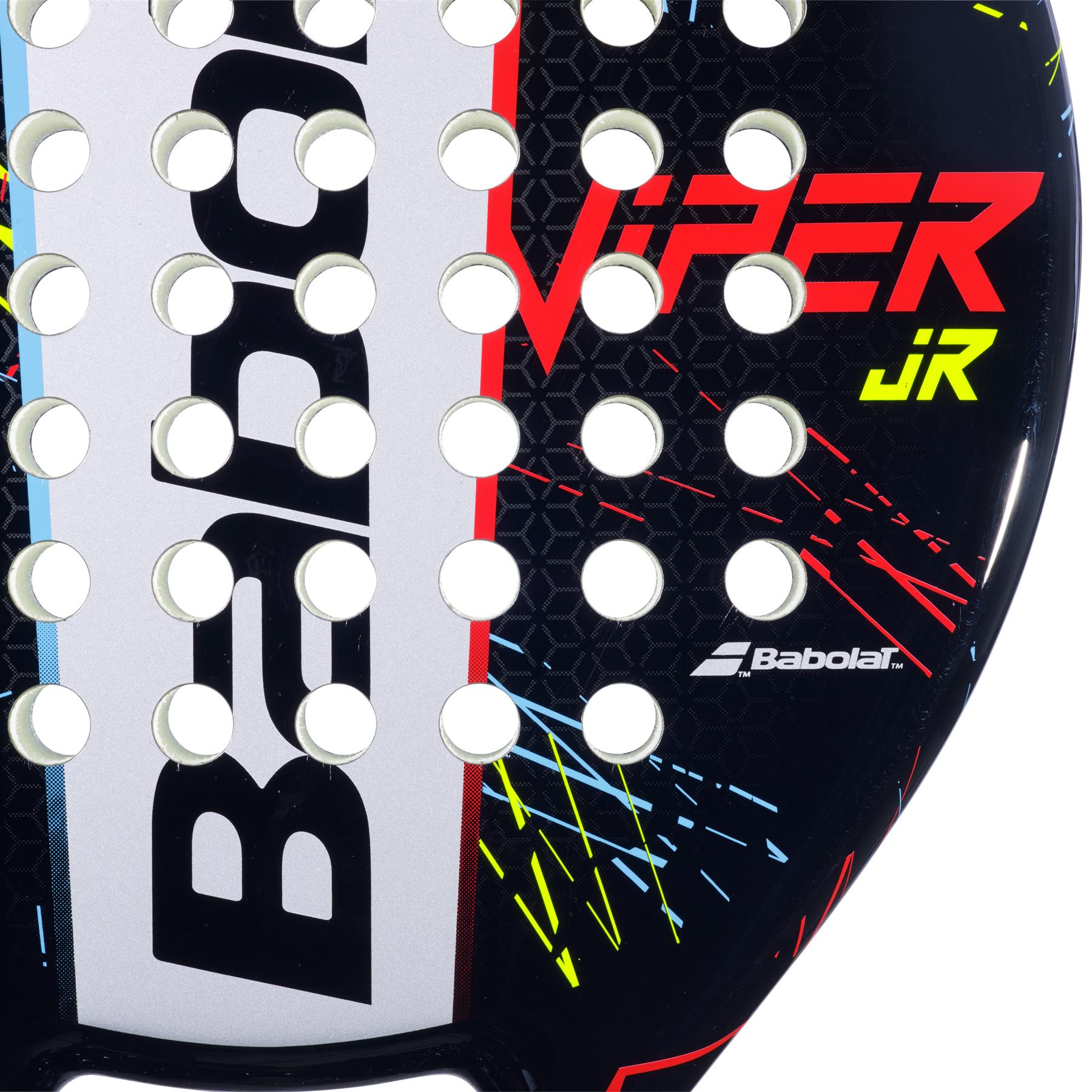 This product showcases a Babolat Viper Junior Padel Racket in black, designed ideally for junior players. The brand name "Babolat" and model name "Viper Junior" stand out in bold red and yellow lettering, complementing the surface's round perforations and dynamic streaks in red, yellow, and blue.