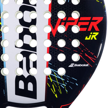 This product showcases a Babolat Viper Junior Padel Racket in black, designed ideally for junior players. The brand name "Babolat" and model name "Viper Junior" stand out in bold red and yellow lettering, complementing the surface's round perforations and dynamic streaks in red, yellow, and blue.