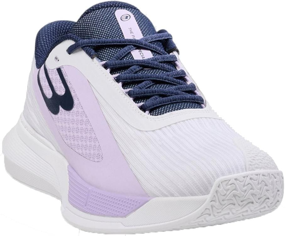 The Bullpadel Wonder Womens Padel Shoes - White feature a white and light purple upper, navy blue laces, a dark blue tongue, a textured outsole, and a stylish modern design.
