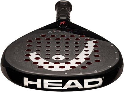 The HEAD Coello Motion 2025 Padel Racket in black features a perforated face, Extreme Spin technology, a large white logo, and the HEAD brand name boldly displayed in white on the throat.