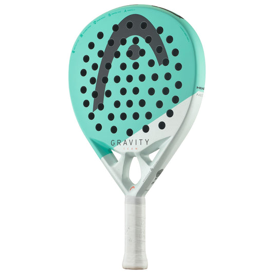 The HEAD Gravity Team 2024 Padel Racket in Mint is ideal for intermediate players. It boasts a sleek mint and white design with black circular holes, featuring the word "Gravity" boldly displayed next to the distinctive black logo. Its comfortable white grip handle is complemented by Auxetic 2.0 technology for outstanding performance.