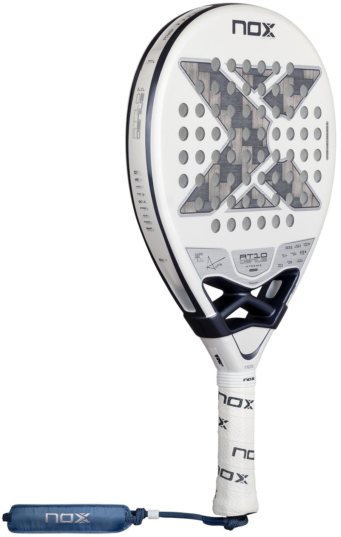 The NOX AT10 Genius 12K Alum Extrem Lite By Agustín Tapia 2026 Padel Racket features a white design with a large silver "X," perforated holes, and blue wrist strap, plus an advanced Weight Balance system for optimal play.