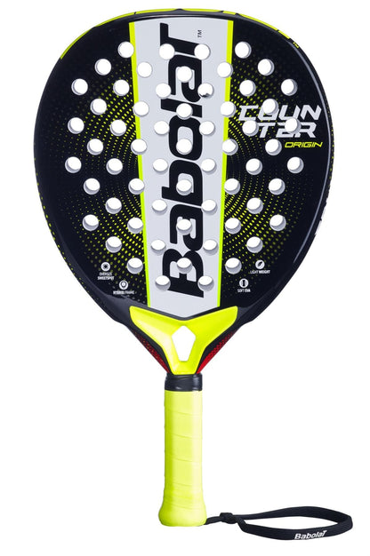 The Babolat Counter Origin Padel Racket in black and yellow features a round head, white branding, yellow grip with wrist strap, and multiple perforations for enhanced control—ideal for beginner to intermediate players.