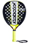 The Babolat Counter Origin Padel Racket in black and yellow features a round head, white branding, yellow grip with wrist strap, and multiple perforations for enhanced control—ideal for beginner to intermediate players.