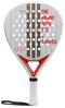 A close-up of the ADIDAS Match Light 3.4 Padel Racket, ideal for beginners, showcases a lightweight design in clear, white, silver, and red colors with vertical stripes and "THE BRAND WITH THE 3 STRIPES" in red. It features a handle wrapped in white grip tape with a black wrist strap.