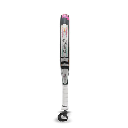 A contemporary padel racket with a sleek design stands upright, showcasing its innovative Carbon Flex technology. It features a white body adorned with graphics, a black handle grip, and pink accents at the tip. A black Babolat logo is visible near the base of the handle.