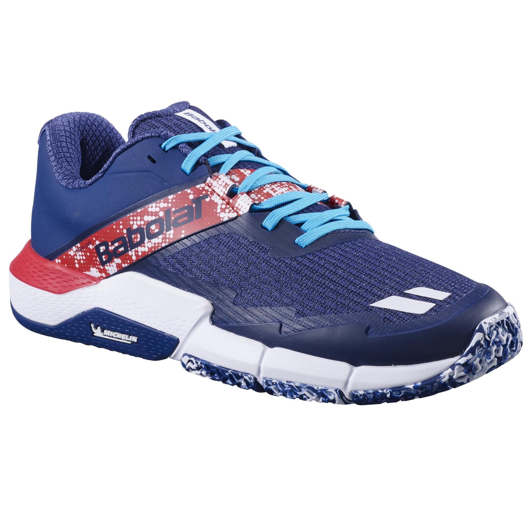 The Babolat Movea 2 Men’s Padel Shoe in Dark Blue/Chilli Red has light blue laces, a red and white side design, a textured outsole, and features the Babolat logo plus Michelin rubber branding for extra durability.