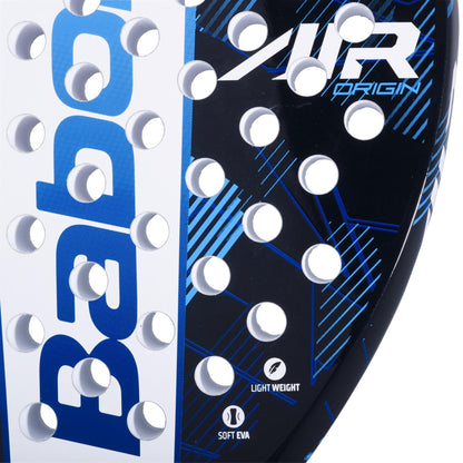 Close-up of the Babolat Air Origin Padel Racket - Blue by Babolat, featuring a black and blue design, "Light Weight" and "Soft EVA" labels, an oversized sweet spot, circular holes, and bold branding for versatile performance.