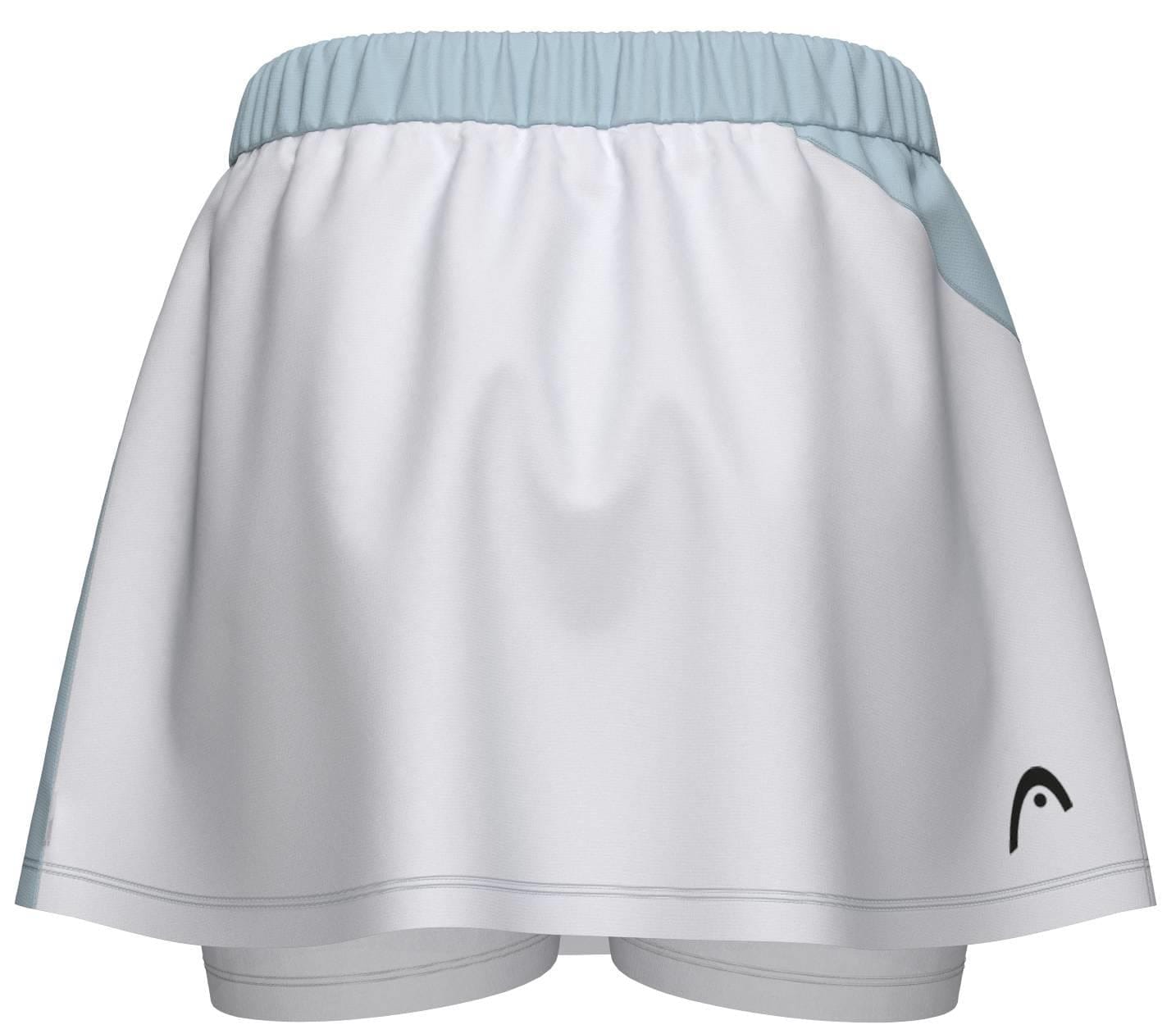 The HEAD Dynamic Womens Padel Skort in light blue and white features an elastic waistband, visible built-in shorts, a small black logo, and is made from moisture-wicking microfibre with 4-way stretch for comfort.