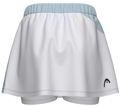 The HEAD Dynamic Womens Padel Skort in light blue and white features an elastic waistband, visible built-in shorts, a small black logo, and is made from moisture-wicking microfibre with 4-way stretch for comfort.