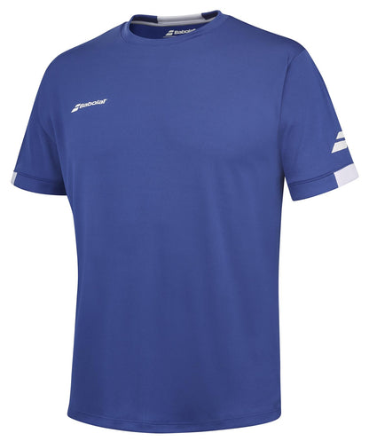 This Babolat Play Men's Crew Neck Padel T-Shirt in Sodalite Blue features the iconic Babolat logo on the front and sleeve. Made from Fiber Dry material, it offers enhanced comfort during play. Its simple design includes short sleeves with stylish white accents near the cuffs.