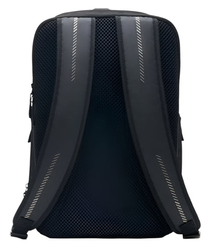 The Kanso Intuko Badminton 23L Backpack in black is shown from the back, featuring two padded, breathable straps with reflective stripes. Its mesh back panel enhances ventilation, while its sleek design makes it an ideal everyday companion.