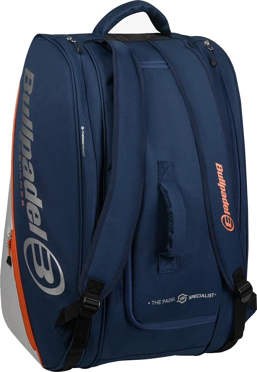 The Bullpadel BPP26014 Advance 2026 Padel Racket Bag in navy features a top handle, shoulder straps, side and thermal racket compartments, plus the Bullpadel logo in white and orange on the side.