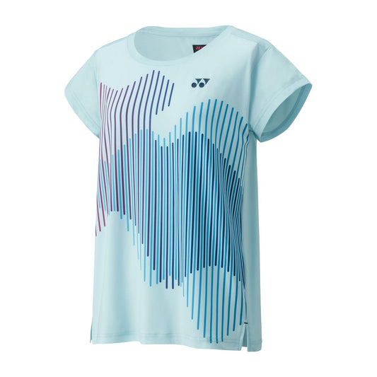 Crystal blue Yonex 20764 Crew Neck Women's Padel T-Shirt, featuring short sleeves and adorned with abstract vertical stripes in purple and blue that create a wave pattern on the front. Equipped with VeryCool technology for UV reduction, it includes a small logo near the top.