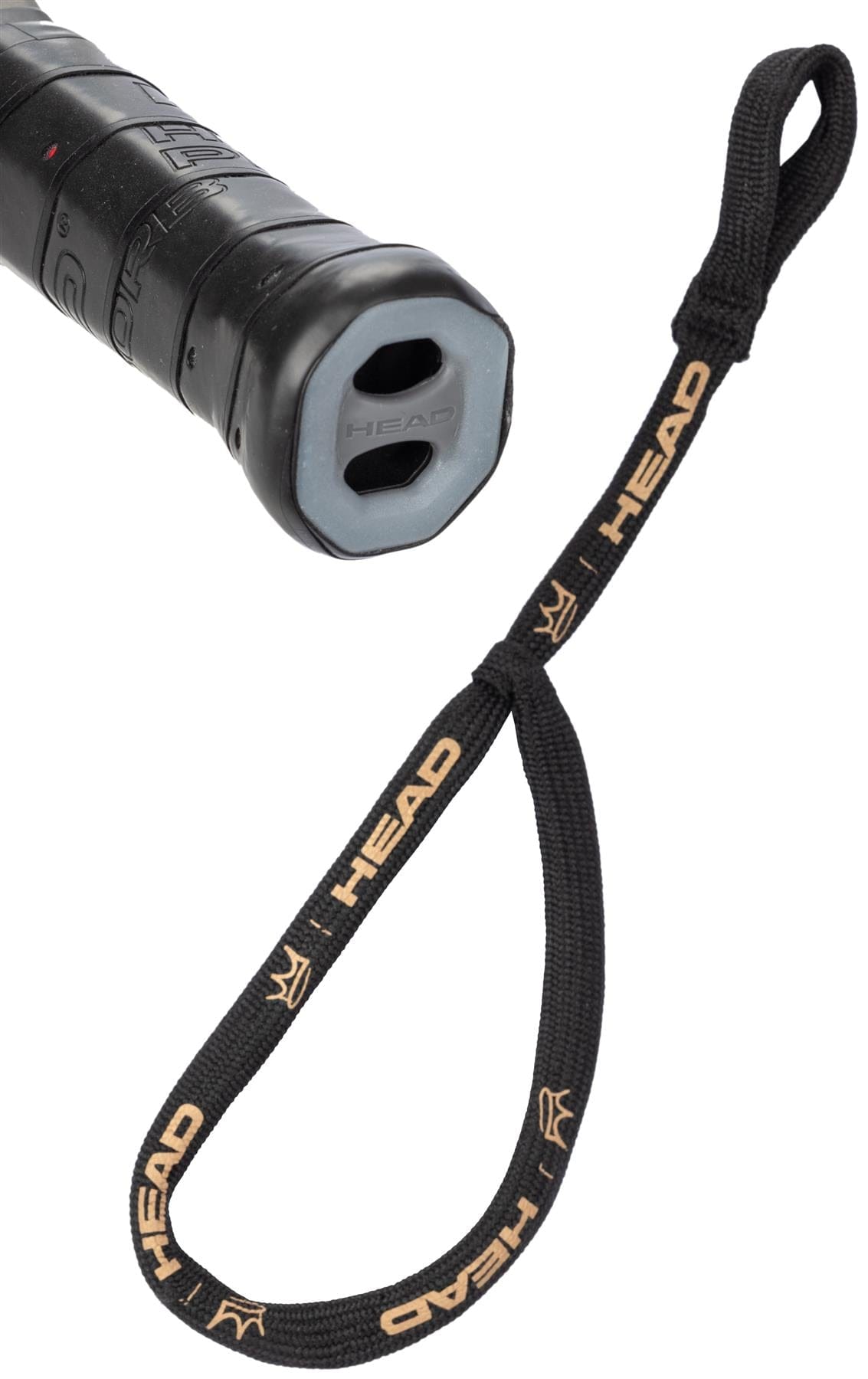 Close-up of a black tennis racket handle with a black wrist strap featuring "HEAD" and a gold crown logo, highlighting the premium design of the HEAD Coello Team 2026 Padel Racket.