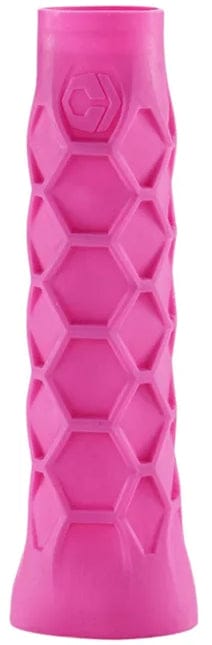 The Bullpadel Hesacore Tour Padel Grip - Fuschia features a bright pink color, hexagonal honeycomb design, small logo near the top, and a slightly tapered cylindrical shape for comfort and control on court.