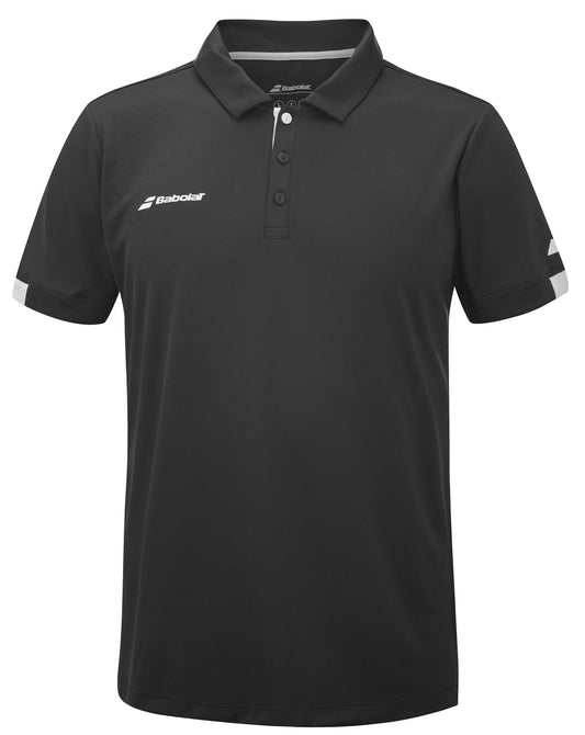 The Babolat Play Men's Padel Polo Shirt in black sports a buttoned collar and short sleeves, adorned with the Babolat logo on both the chest and sleeve. Its design is highlighted by white accents on the sleeves, while its lightweight fabric, constructed from recycled polyester, provides comfort during play.