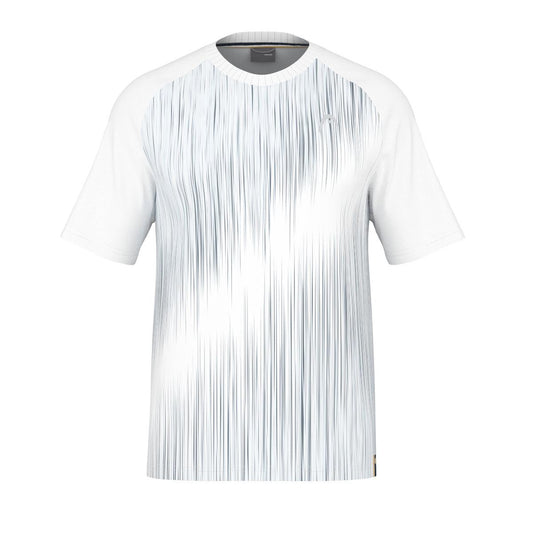 The HEAD Performance Men's Padel T-Shirt - XPHB is a white shirt with a vertical gray and white stripe pattern on the front. Featuring Moisture Transfer Microfibre, its plain white sleeves and collar are designed for enhanced comfort. Displayed against a pristine white background, this t-shirt is ideal for active lifestyles.