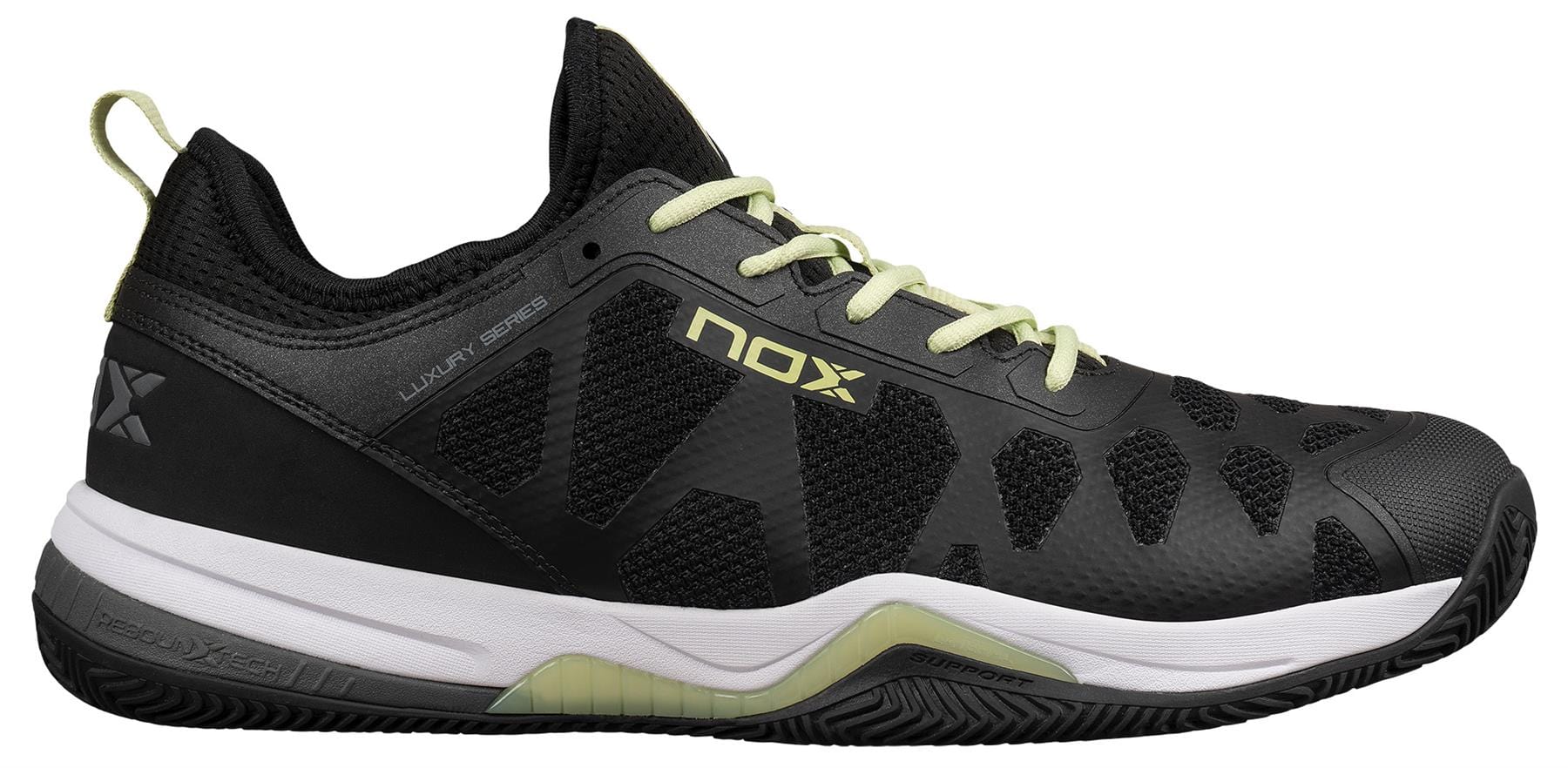 The NOX Nerbo Men's Padel Shoes in black/soft lime feature light green laces, a white midsole, black outsole, “NOX” branding, a textured design, Ortholite insole for comfort, and reinforced heel and toe caps for durability.