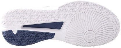 The image shows the sole of Bullpadel Wonder Womens Padel Shoes - White, by Bullpadel, featuring white and navy blue sections with textured grip patterns and "bullpadel" embossed on the blue area—ideal for high-performance play.