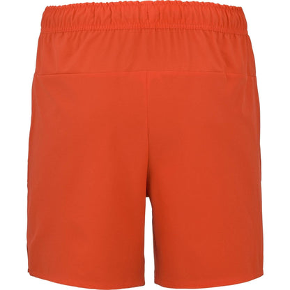 The Babolat Play Mens Padel Shorts in Cherry Tomato feature an elastic waistband and smooth, lightweight recycled polyester fabric. These plain orange shorts by Babolat have no visible logos or patterns and are shown from the back.