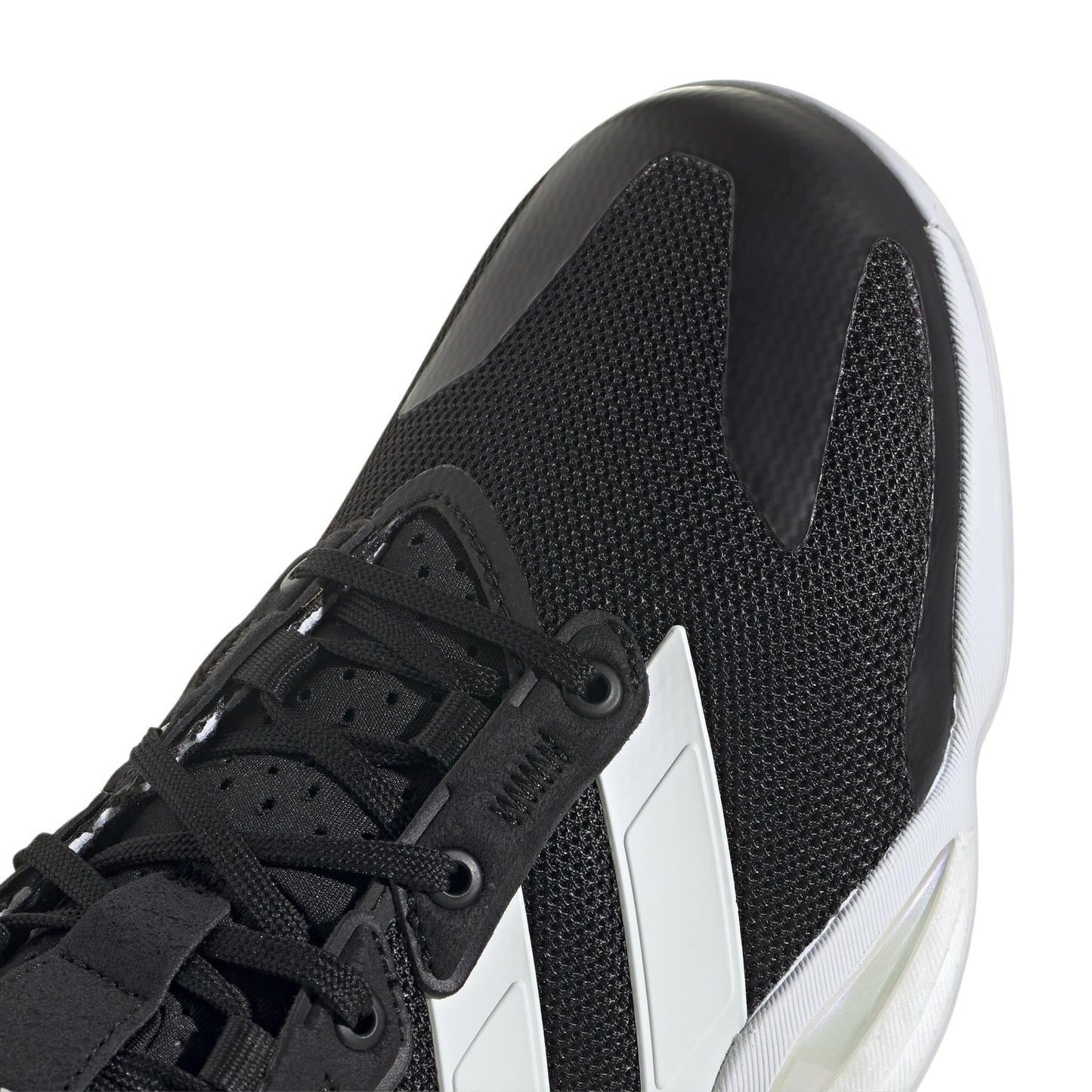 Close-up of the ADIDAS Stabil 16 Men's Padel Shoe by adidas, showcasing a black mesh upper, white accents, BOOST midsole, and lace-up design in an aerodynamic silhouette for a sporty and modern look.