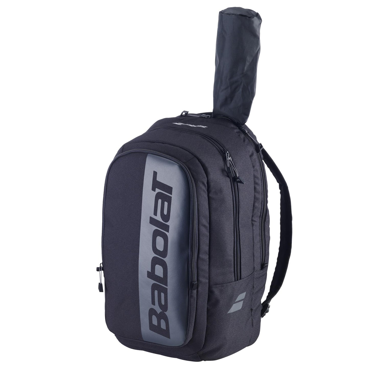 The Babolat Court Hero Padel Backpack - Black offers eco-friendly design, specialized racket storage with partial visibility, multiple compartments, and features the Babolat logo prominently along the side.