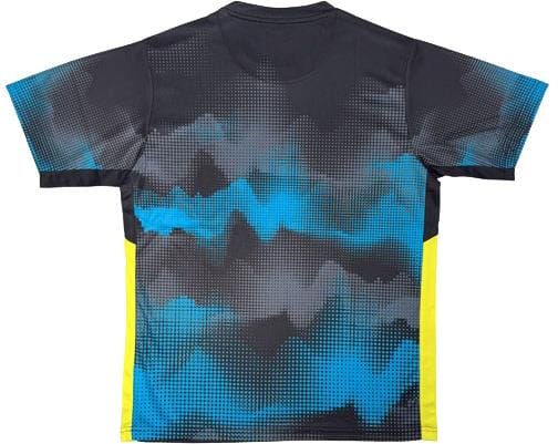 The Yonex YTM2025B Mens Padel T-Shirt - Black by Yonex features advanced fabric technology, a blue gradient graphic on a black background, and yellow side panels, shown from the back.
