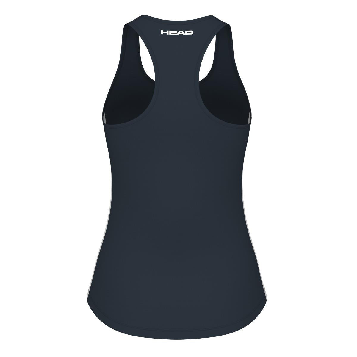 This navy athletic tank top features a sleeveless racerback design, ideal for padel. Made with HEAD Sportswear's Moisture Transfer Microfibre, it ensures you stay cool and dry. The brand name "HEAD" is stylishly printed in white at the upper back, just below the neckline.