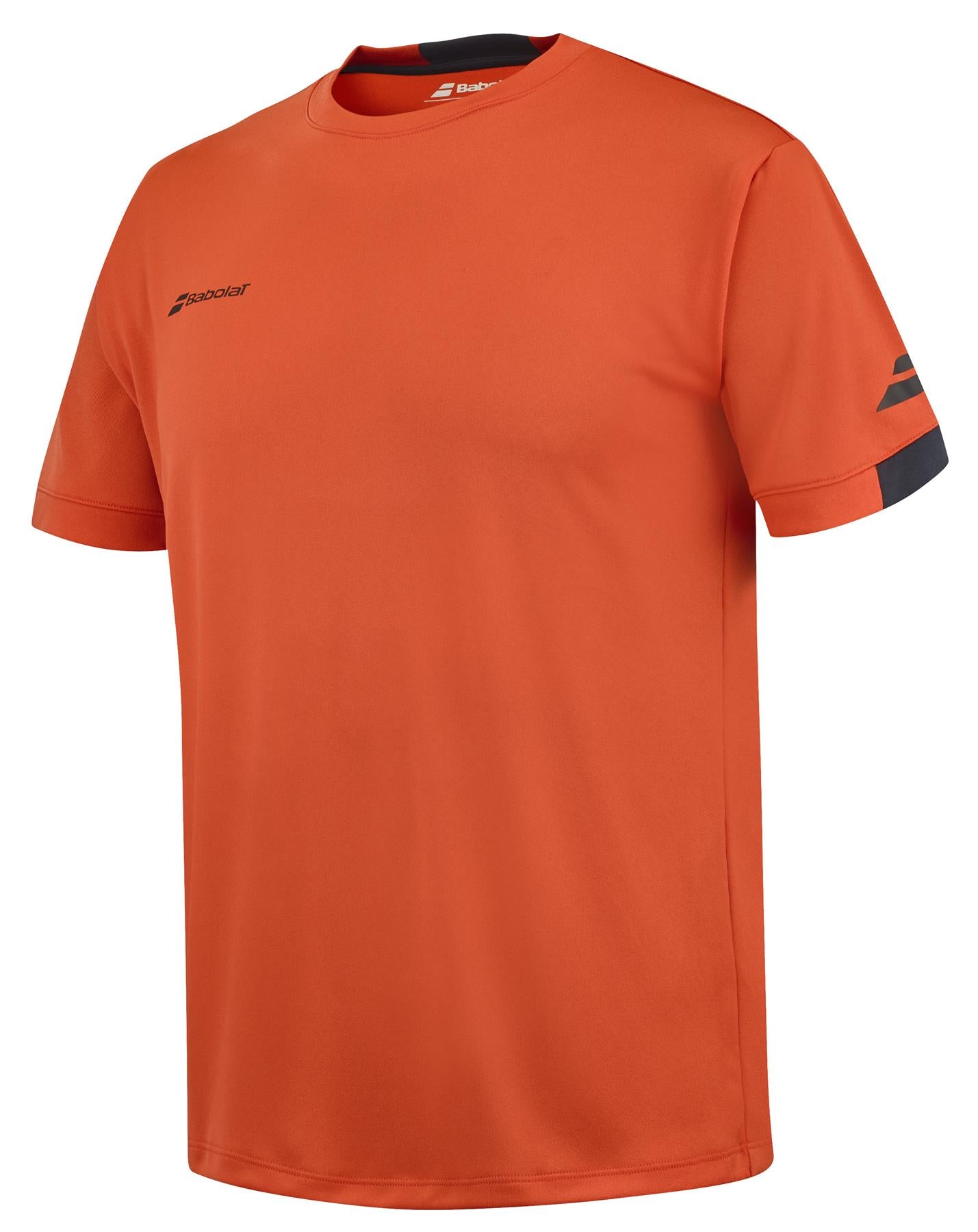 This Babolat Play Men's Crew Neck Padel T-Shirt in Fiesta Red showcases a small logo on the left chest paired with a chic black and gray detail on the right sleeve. Crafted from recycled polyester, it offers a classic crew neck design for maximum comfort during your sports activities.