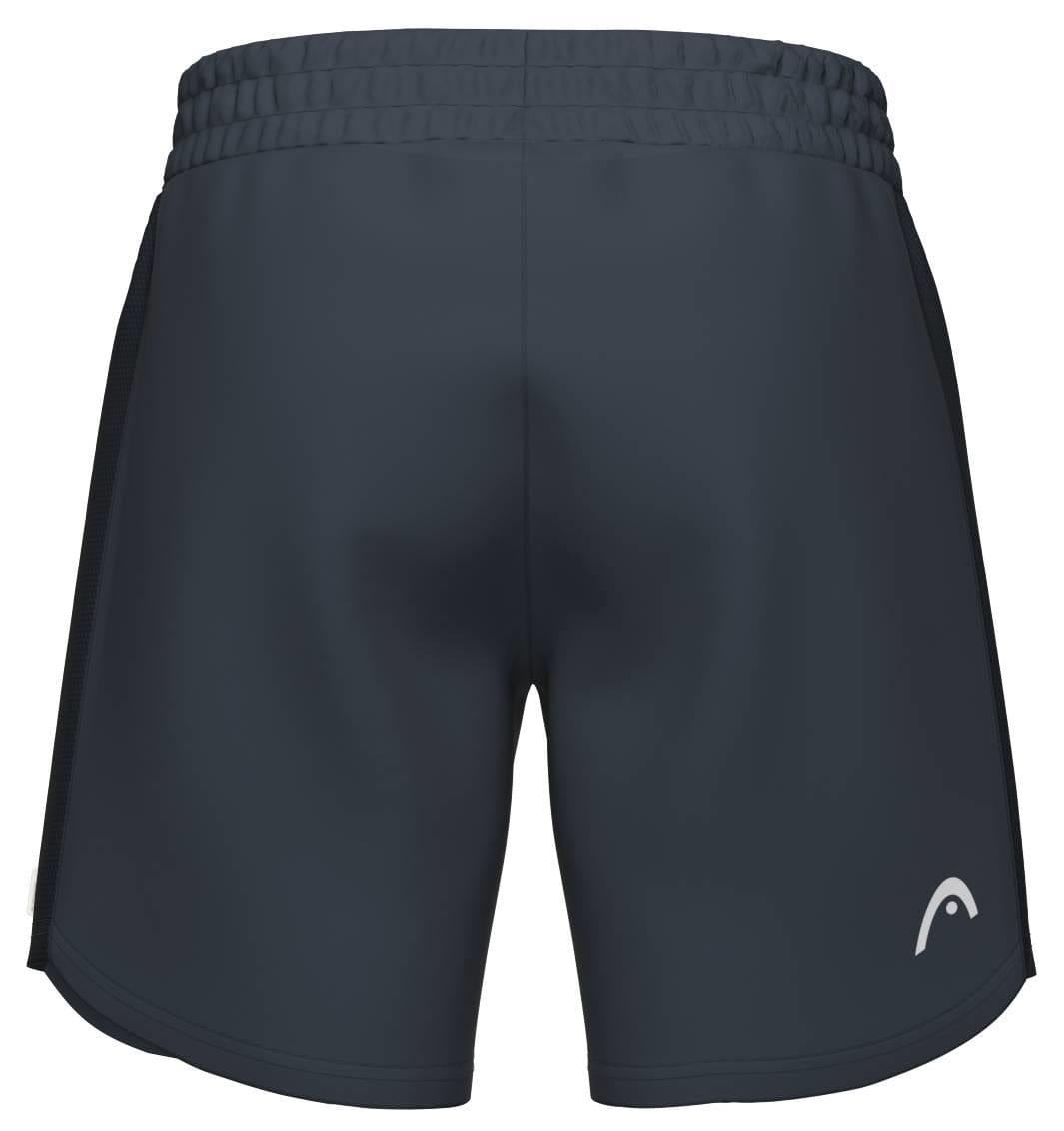 Back view of HEAD Power Men's Padel Shorts in navy, featuring an elastic waistband, small white HEAD logo on the lower right leg, and moisture-wicking fabric for comfort.
